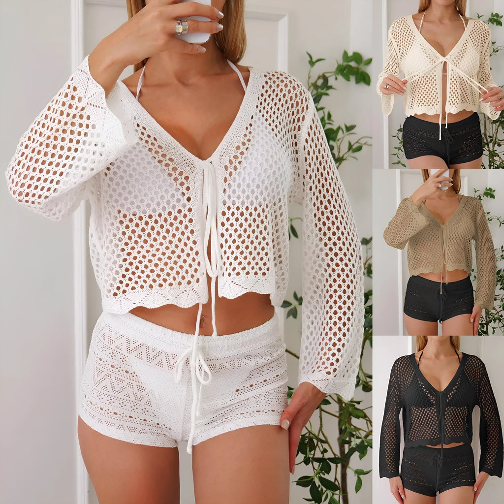 Hollow woven women's cardigan blouse with bell sleeves in imitation cotton fabric