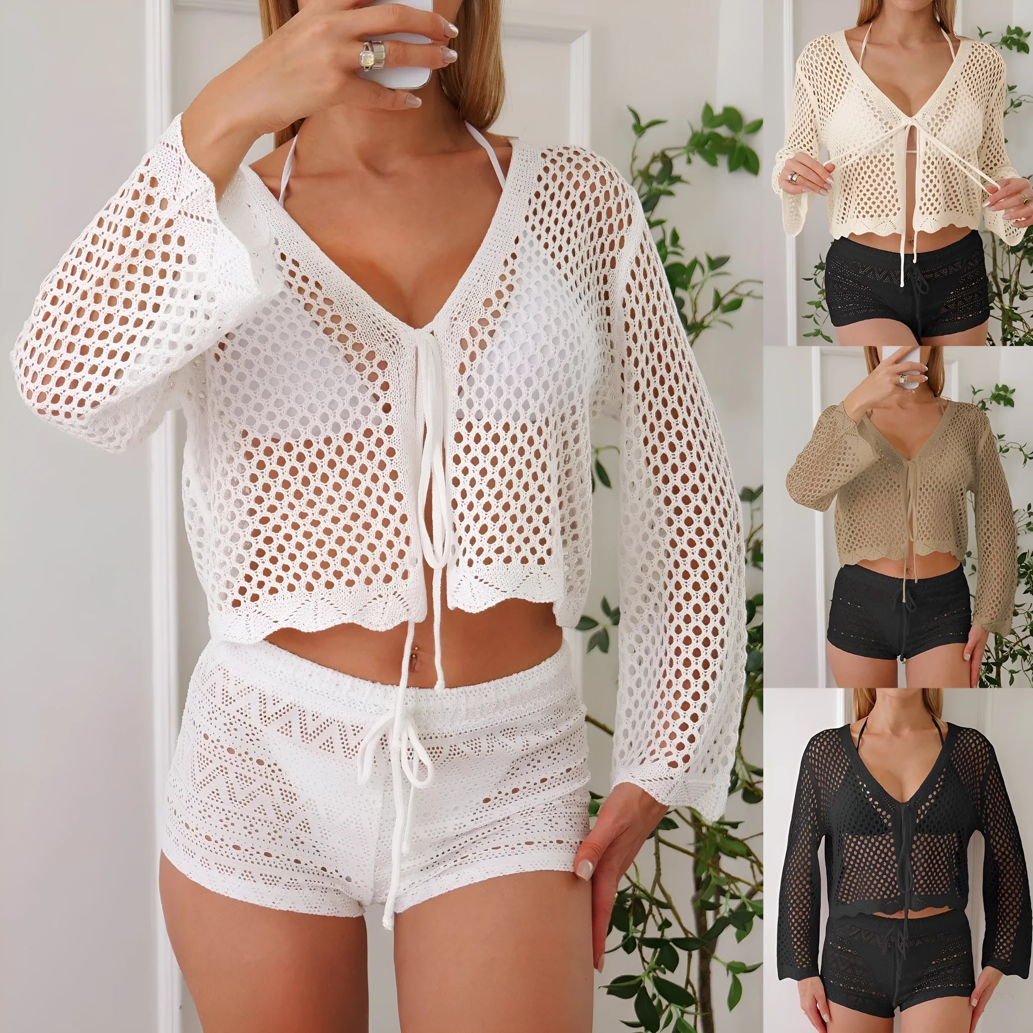 Hollow woven women's cardigan blouse with bell sleeves in imitation cotton fabric