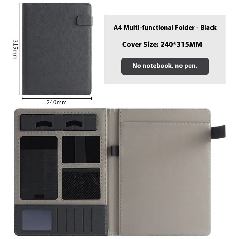 A4 leather business folder in black with pen and notepad options for office use