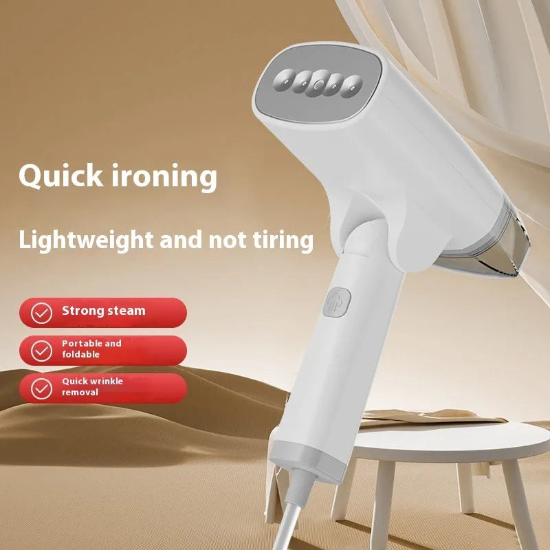 Blue or white handheld garment steamer with compact design and mechanical controls