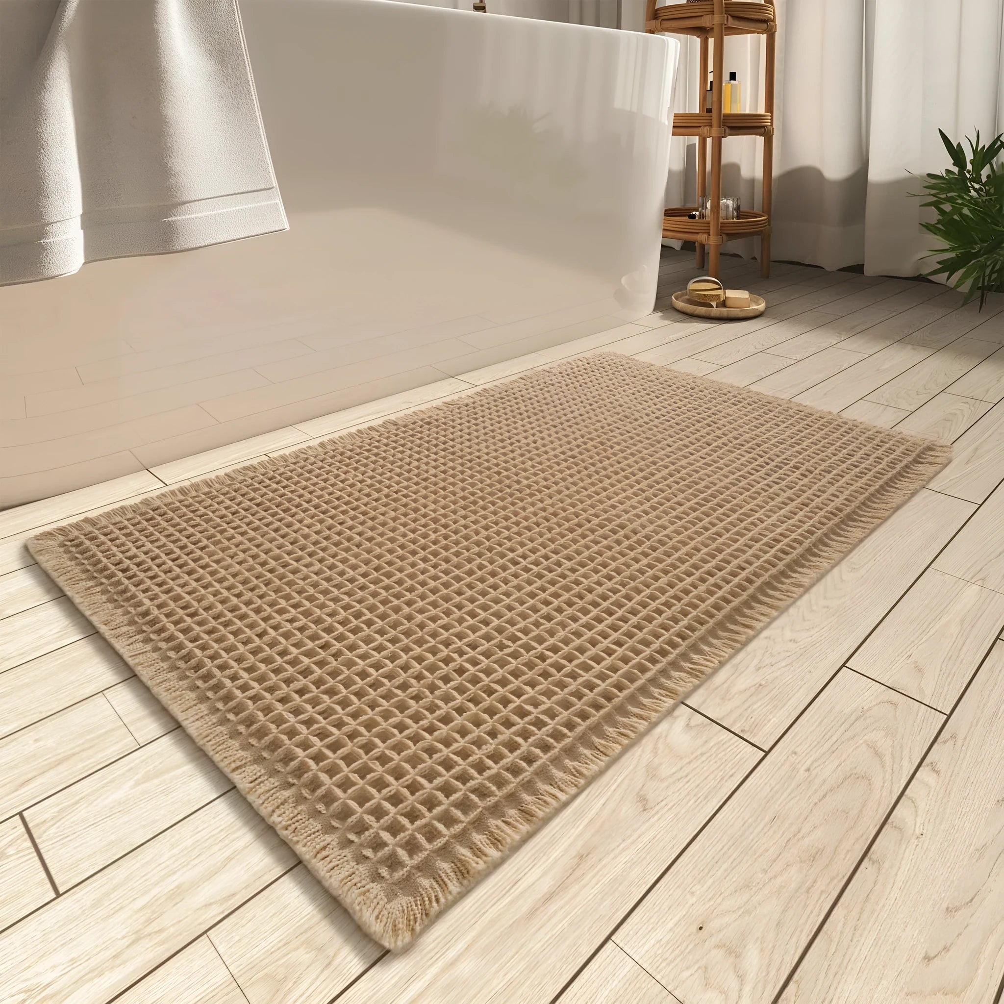 Checkered pattern non-slip absorbent bathroom floor carpet in polyester, shown in multiple colour options.