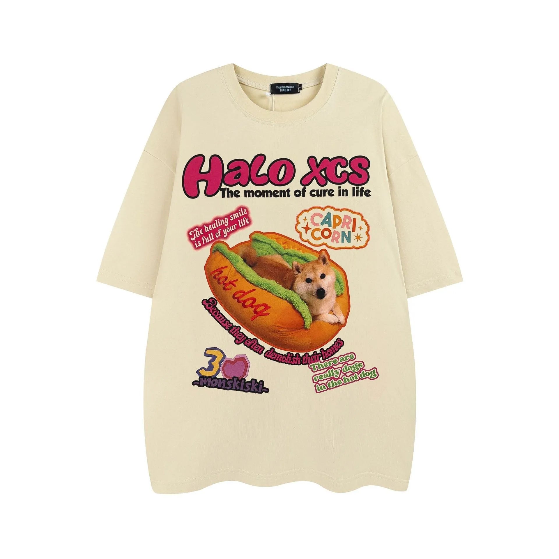 White loose-fit cotton t-shirt featuring a colourful cartoon print of a hamburger and a dog.