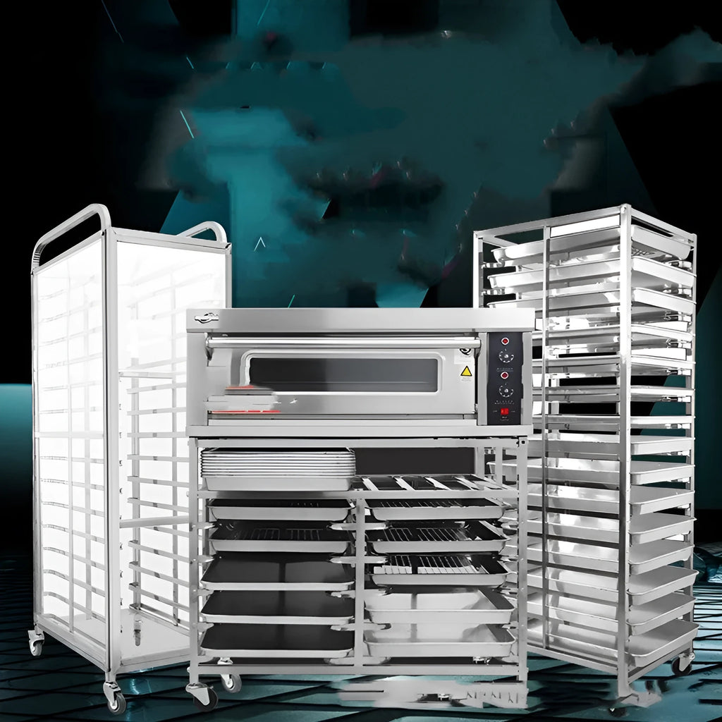 Six-layer stainless steel baking tray rack with locking mechanism for 40x60cm baking sheets