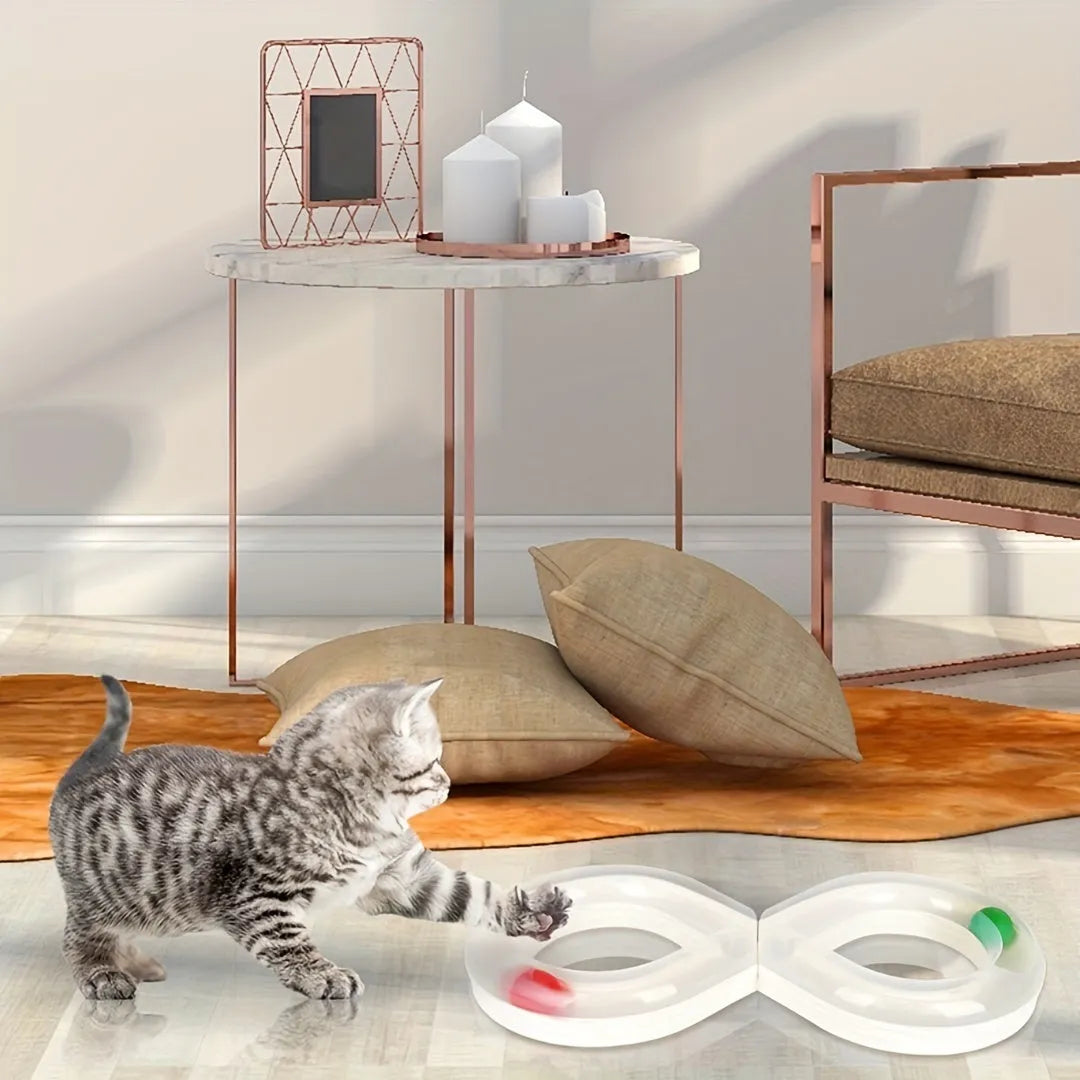 Blue and white cat turntable track ball toy with rotating ball stick for self-play.