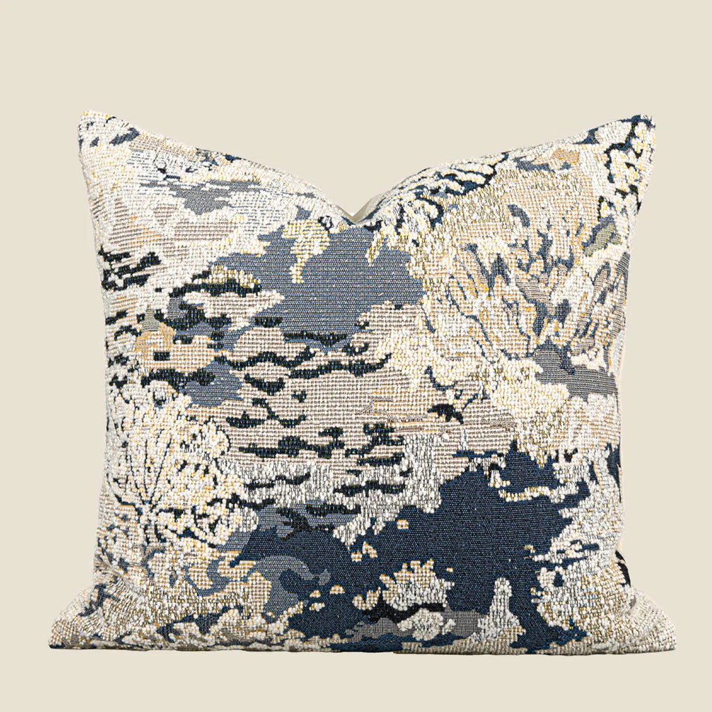 Blue wool blended decorative cushion with abstract flower pattern, shown in square and waist sizes.