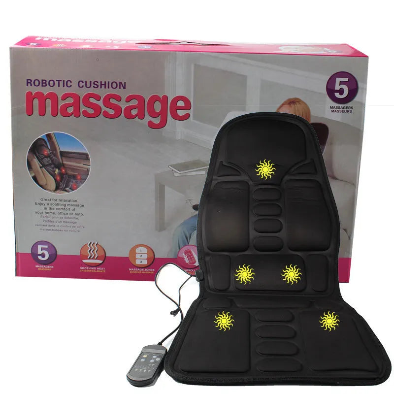 Black infrared heating massage mat with seat cushion on a chair, plugged into an AC outlet.