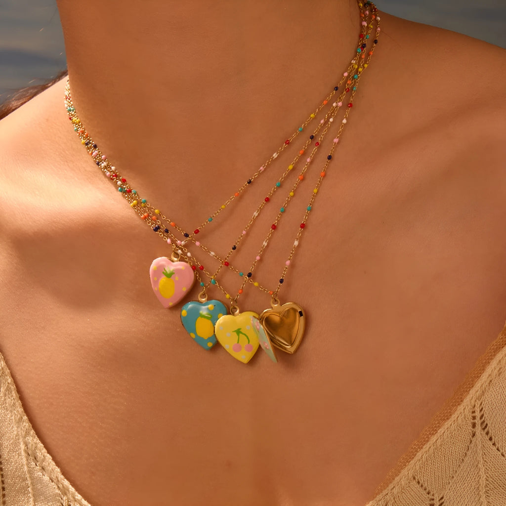 Women's stainless steel necklace with gold-plated fruit and heart pendant on 41-50cm chain