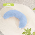 Blue U-shaped cat pillow with an adjustable fabric collar for neck support.