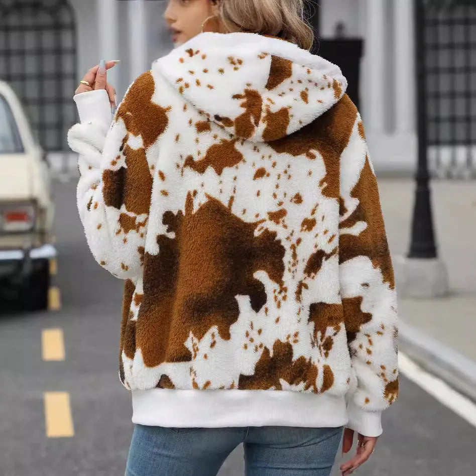 Yellow brown cow animal print hooded cardigan jacket with zipper front and regular sleeves