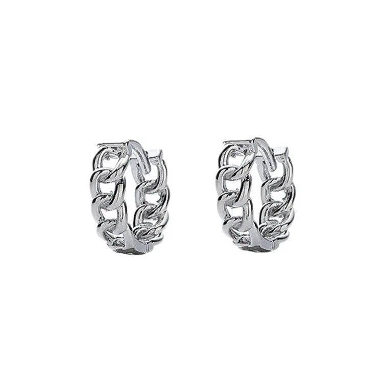 Men's silver geometric hoop earrings in 10mm and 14mm sizes on a plain background.
