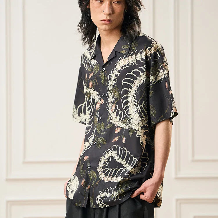 Snake bone pattern printed Cuban collar short sleeve shirt in loose cardigan styling