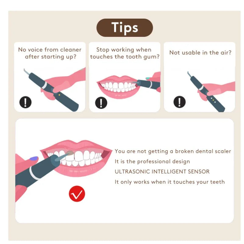 Gold-coloured ultrasonic tooth cleaning device for removing tartar and stains.