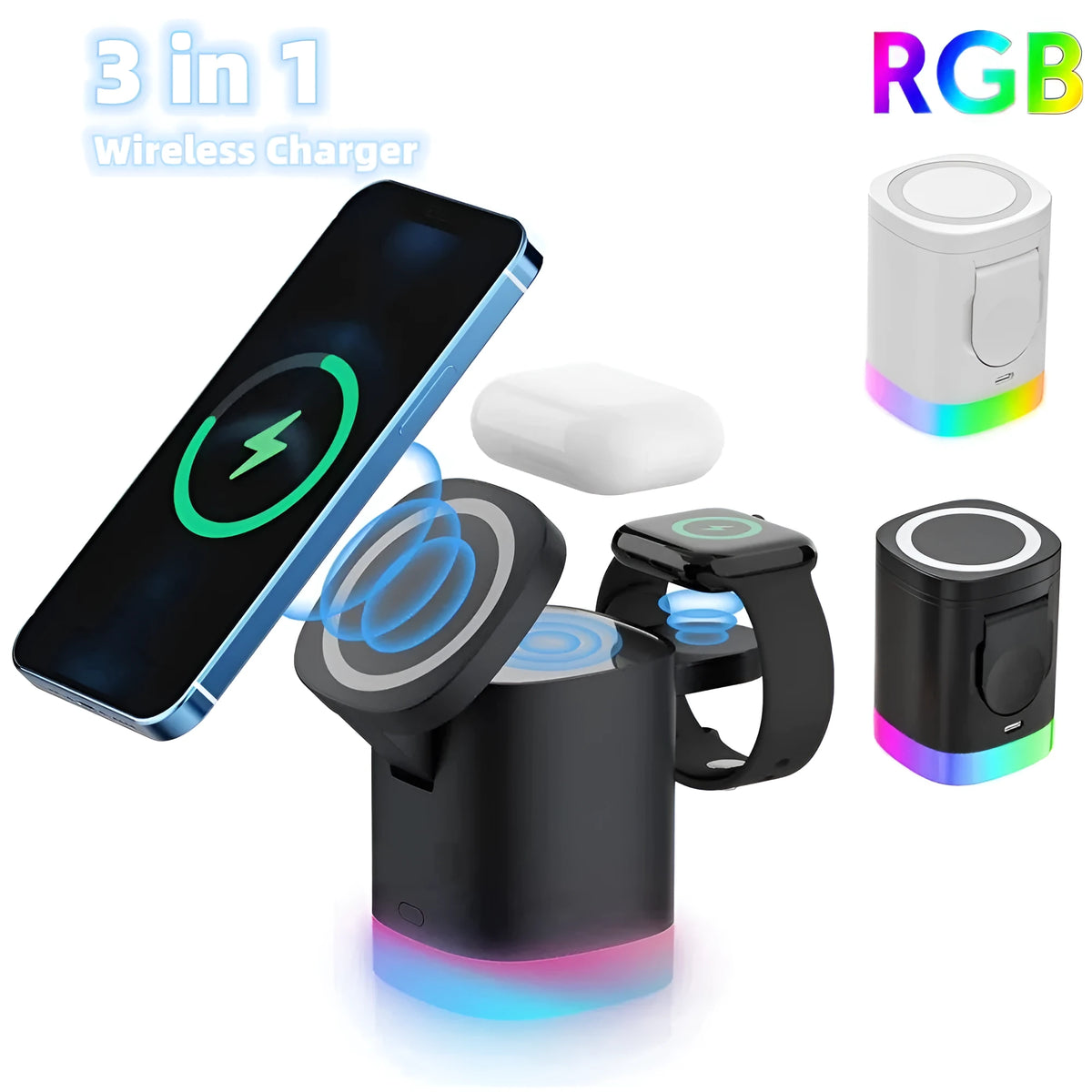 3 in 1 magnetic wireless fast charger cube with RGB ambient light, foldable design, black or white, USB outlet.