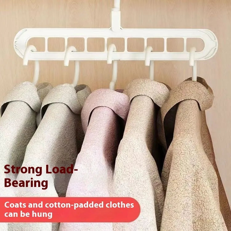 Plastic nine-hole clothes hanger with folding pant rack in a choice of five colours.