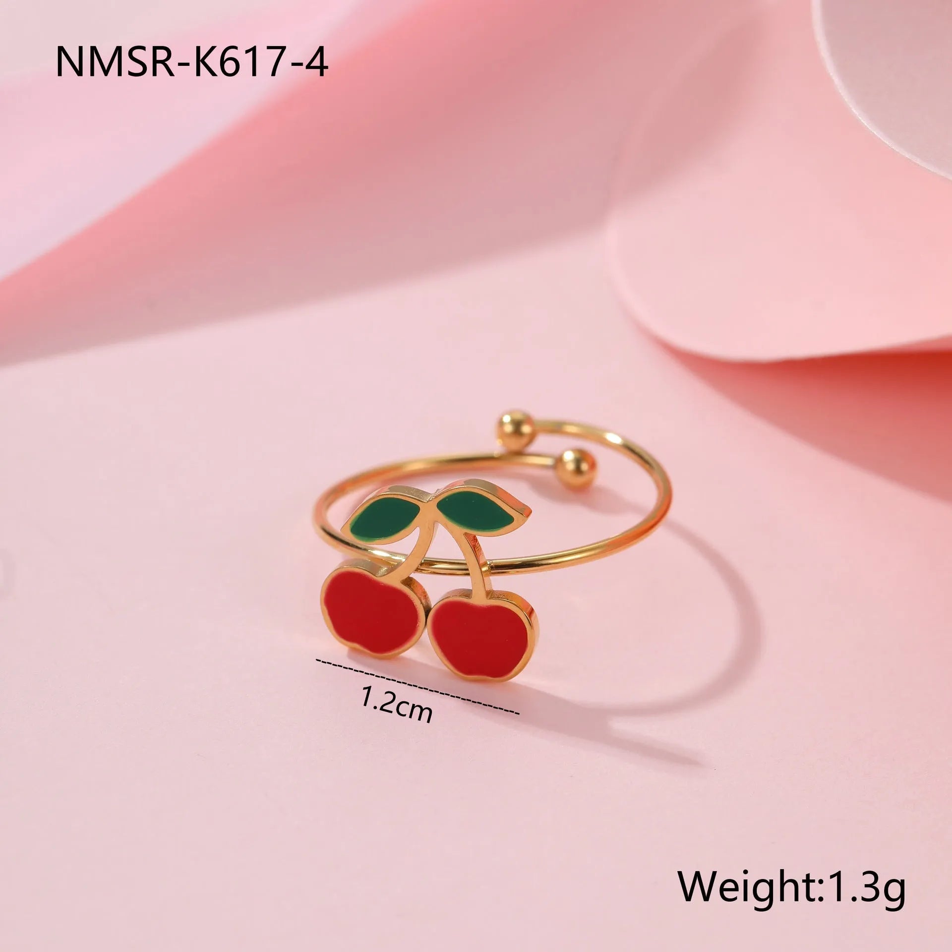 Cherry design stainless steel necklace, bracelet, earrings, and ring set with 18K electroplated finish.