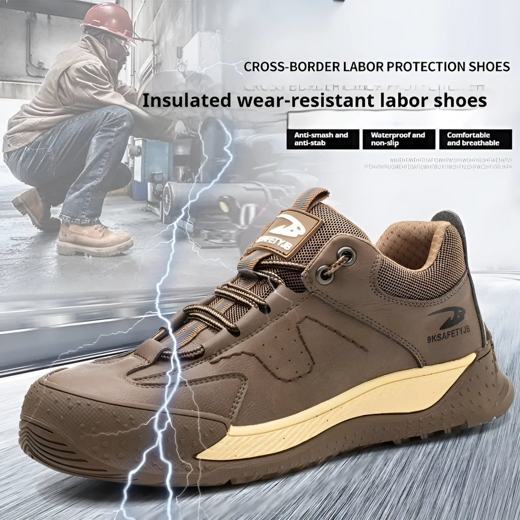 Flyknit leather safety work shoes with rubber sole in black, shown in a side profile.
