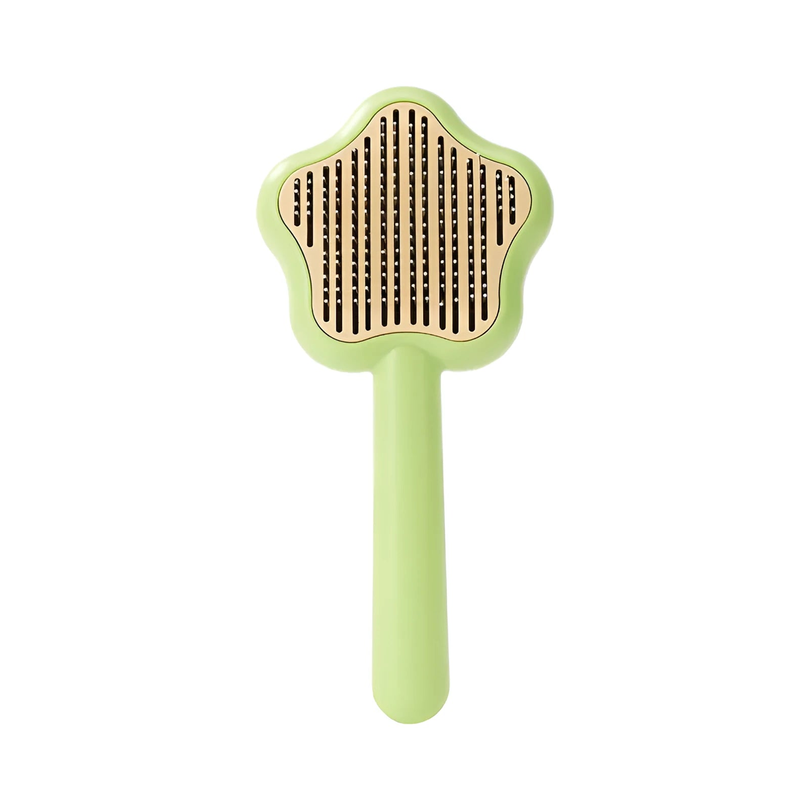 Green or yellow self-cleaning cat comb with stainless steel teeth, showing 20cm length.