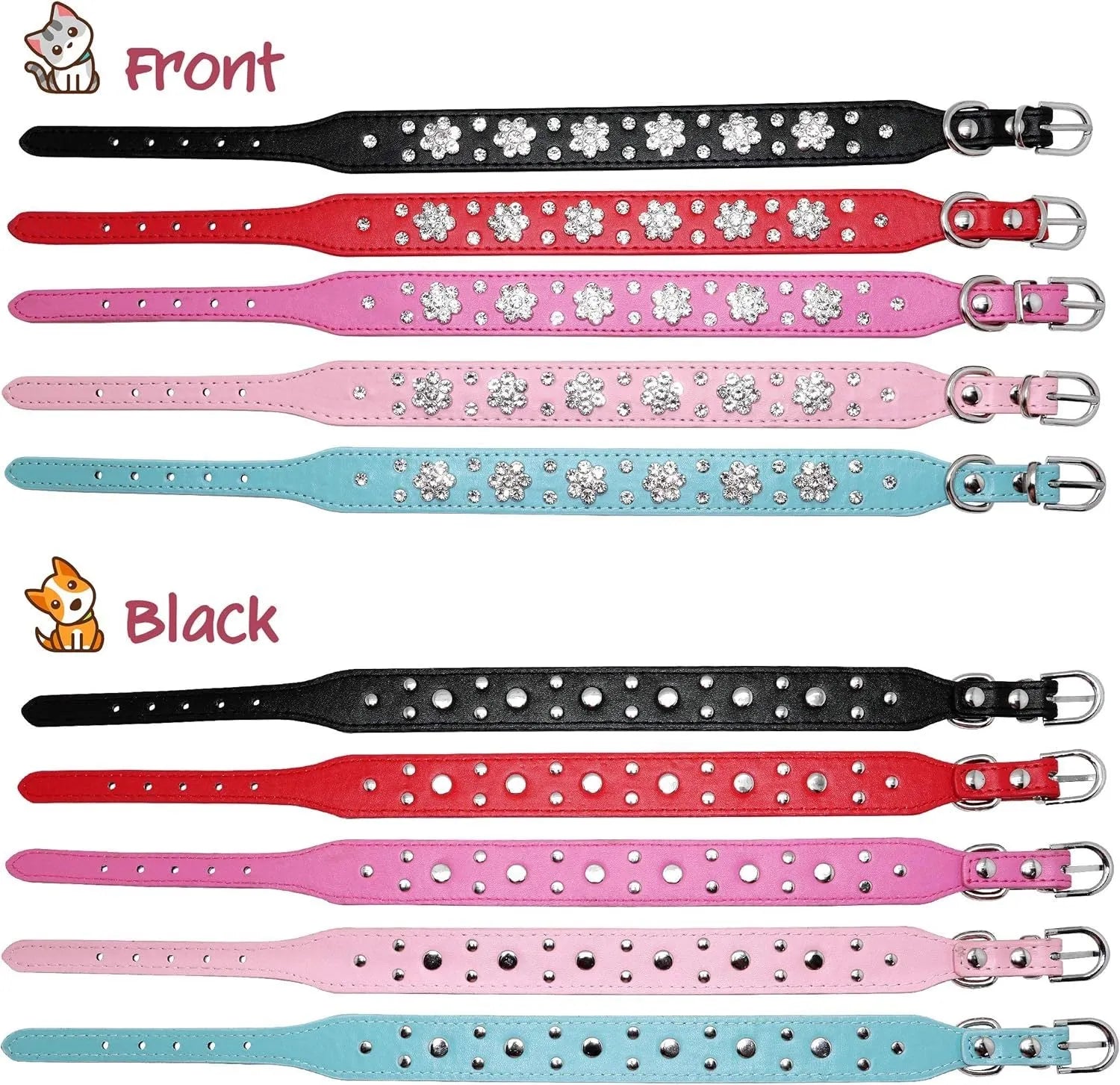 Adjustable black PU leather dog collar with rhinestone flower pattern and metal studs for small dogs.
