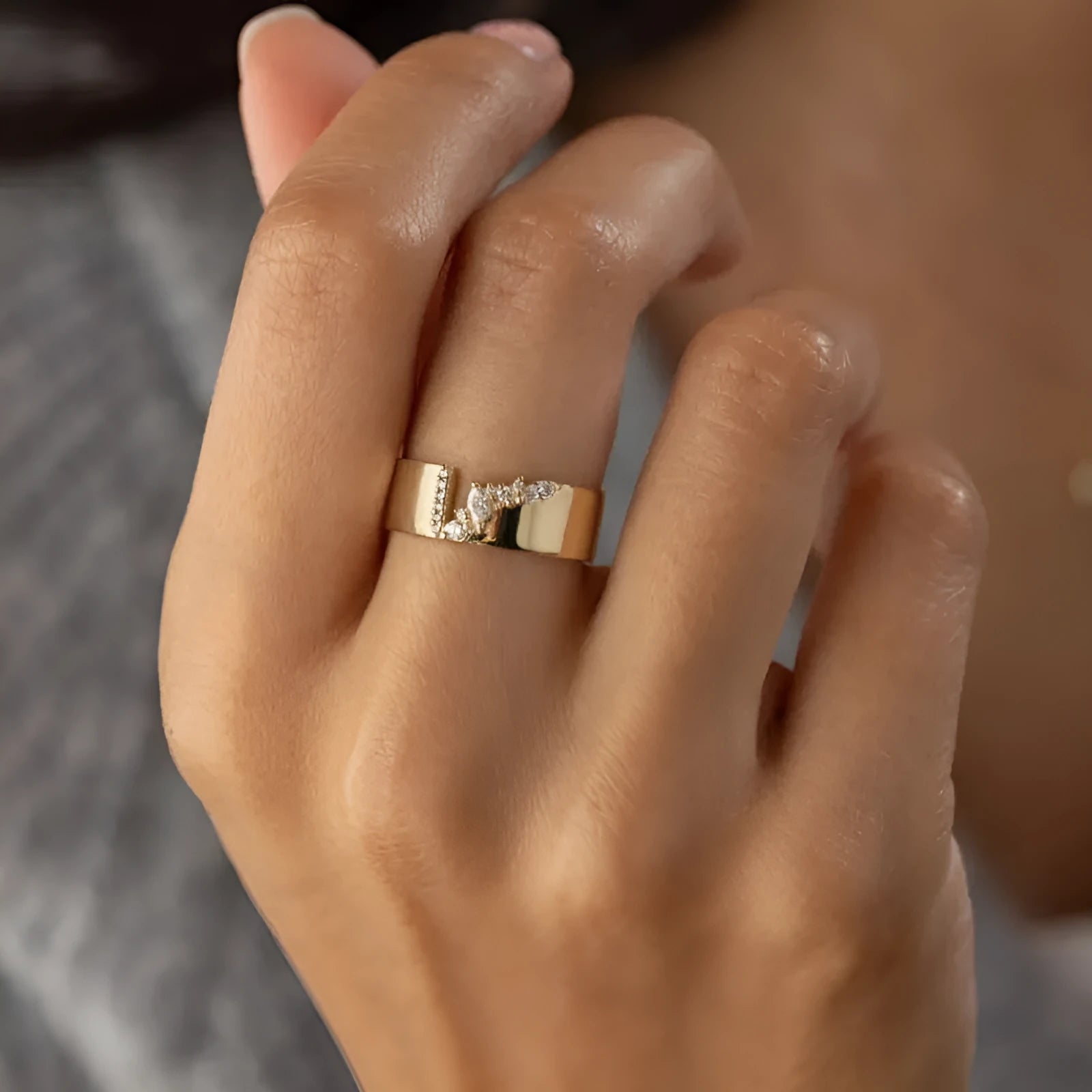 Gold colour zircon ring with electroplated finish on copper base, available in UK sizes 6-10