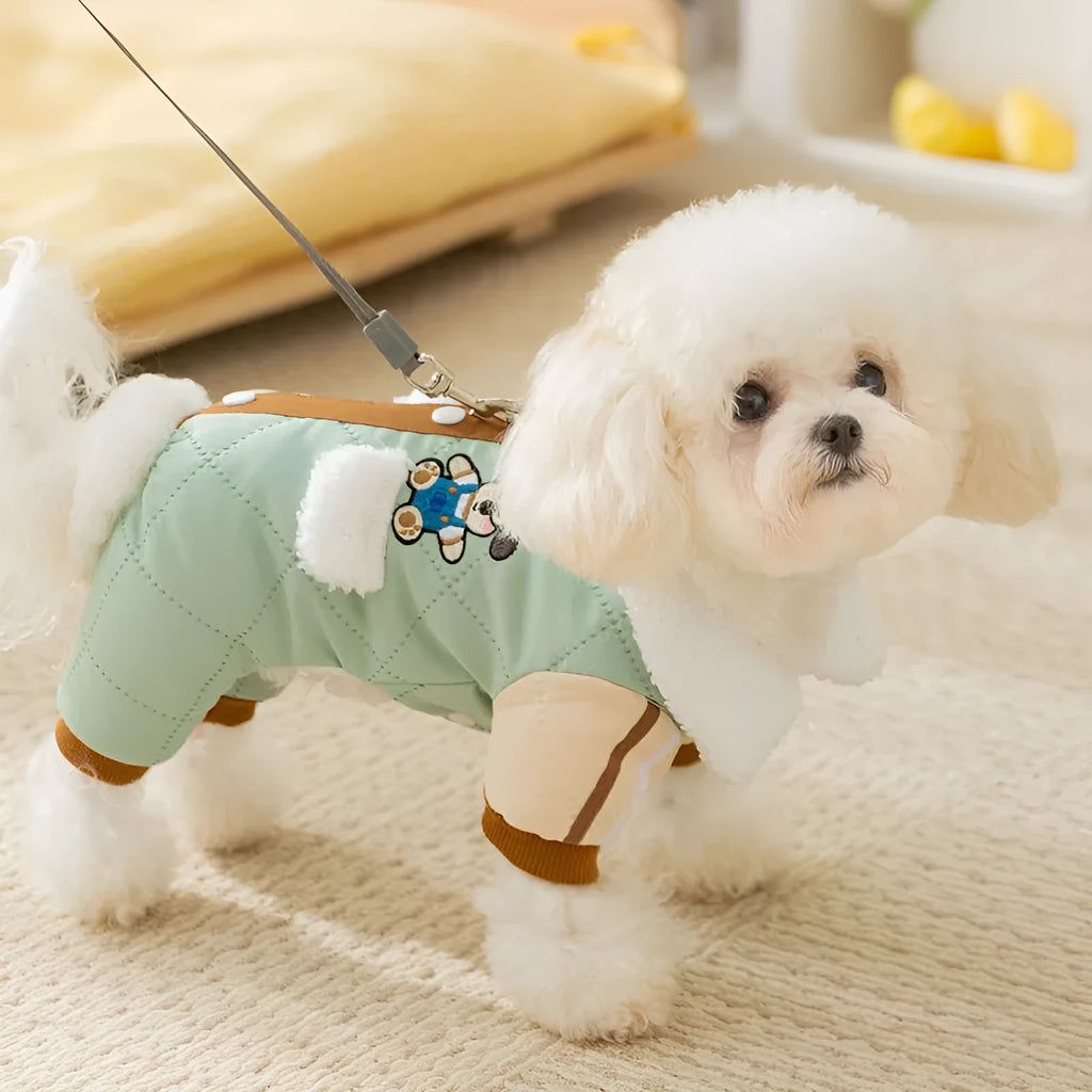 Warm thick Maillard pocket patch four-legged cotton dog coat in green with fleece-lined collar and leash ring