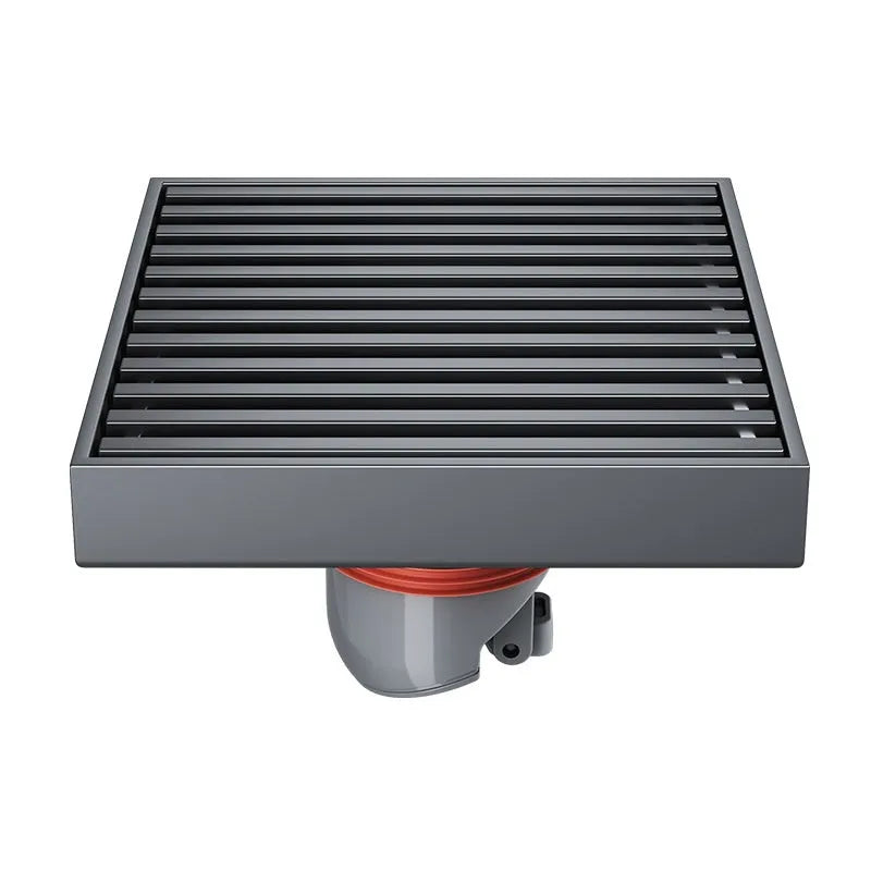 Gun grey 304 stainless steel courtyard floor drain with square grate and deodorising water seal.