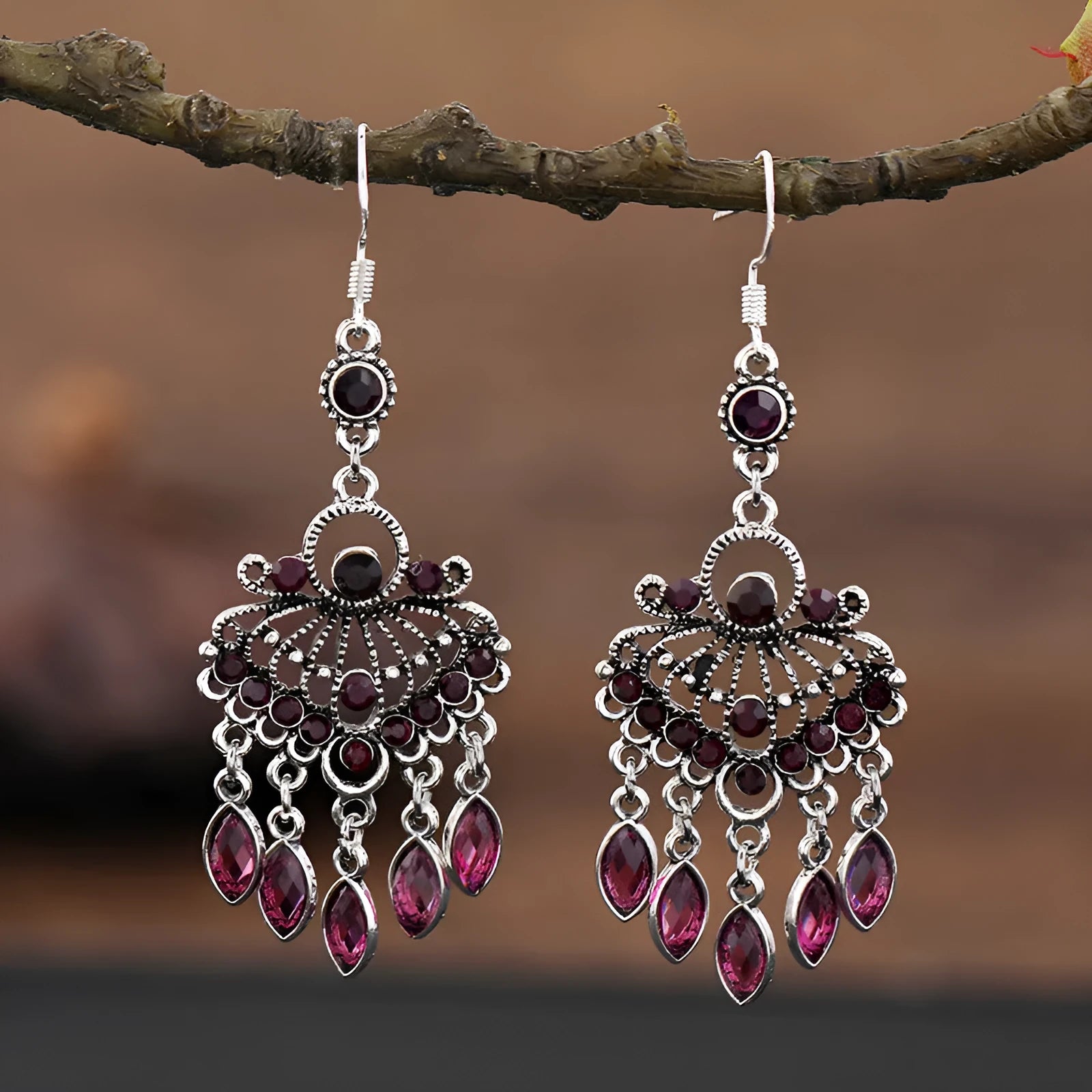 Retro purple fringe earrings with drop shape and crystal elements