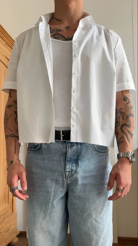 White men's short sleeve polyester shirt with cropped length and regular fit