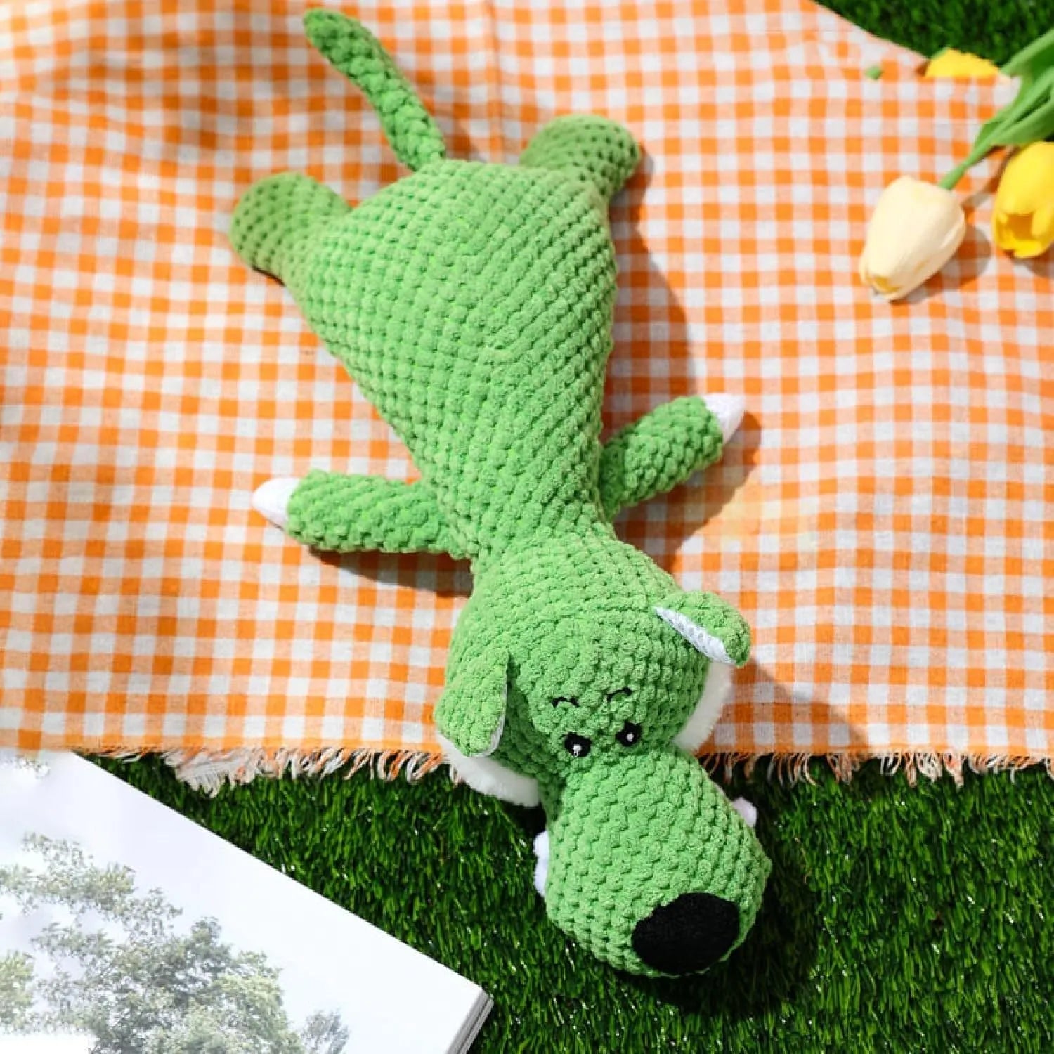 Animal-shaped plush dog toy with corn kernel texture for teeth cleaning and built-in sound device