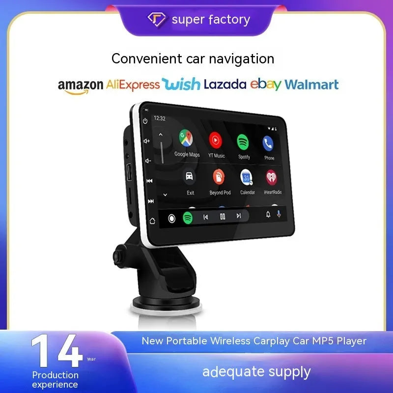 7 inch wireless CarPlay car GPS navigator with OLED screen on a universal suction cup mount