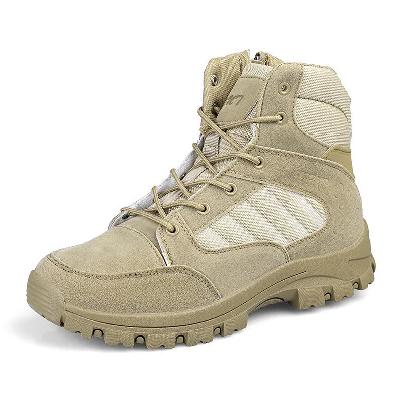 Men's high-top hiking shoes in black camouflage with metal accents on artificial PU upper.