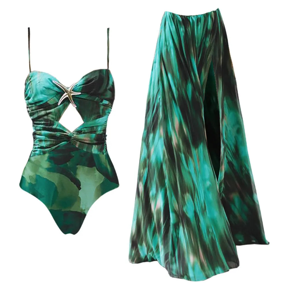 Blackish green one-piece swimsuit with starfish decoration print, women's tight fit swimwear for swimming and wading