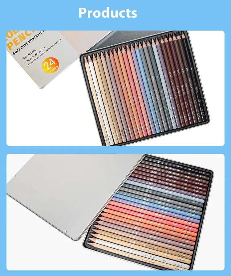 24 skin colour pencils for portrait artwork in round brush pot iron storage box