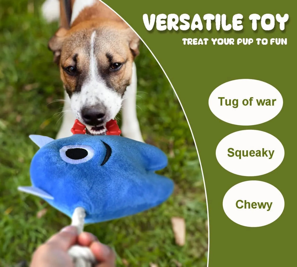 Blue and green plush monster dog toy with integrated cotton rope tug handle