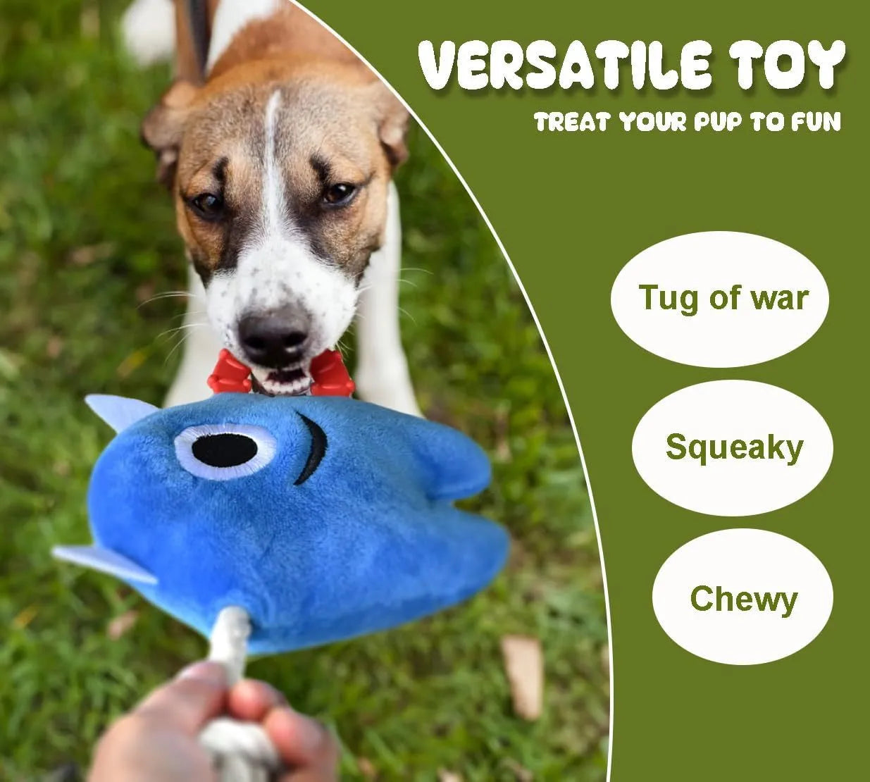 Blue and green plush monster dog toy with integrated cotton rope tug handle