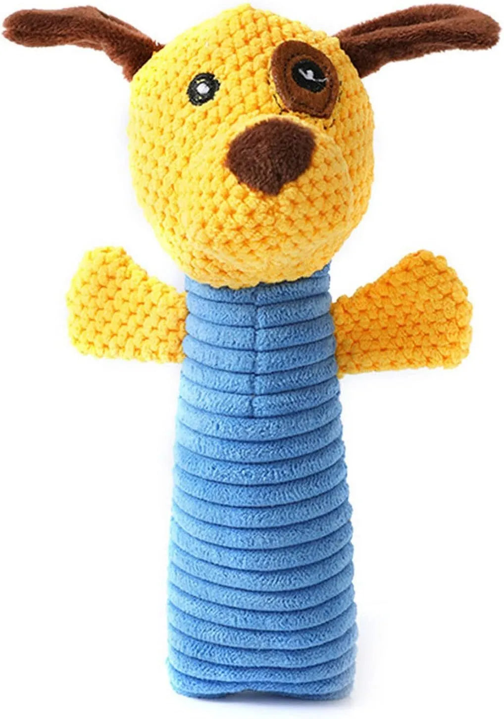 Squeaky stuffed animal dog chew toy in calf, frog, or puppy shape for dental cleaning