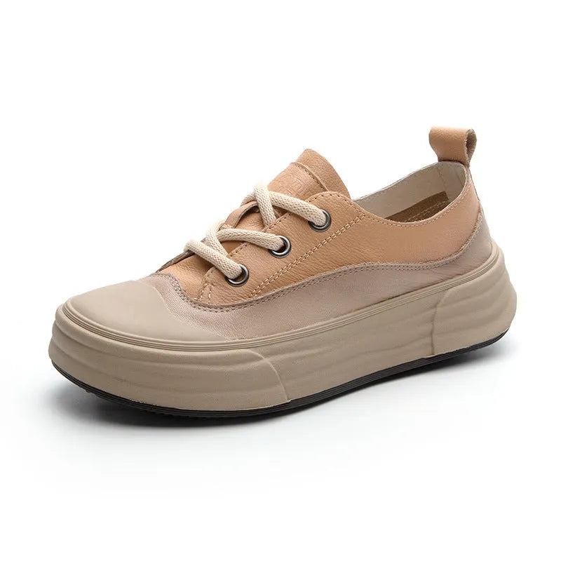 Women's leather casual platform sneakers in matcha green, showing lace-up front and round toe design.