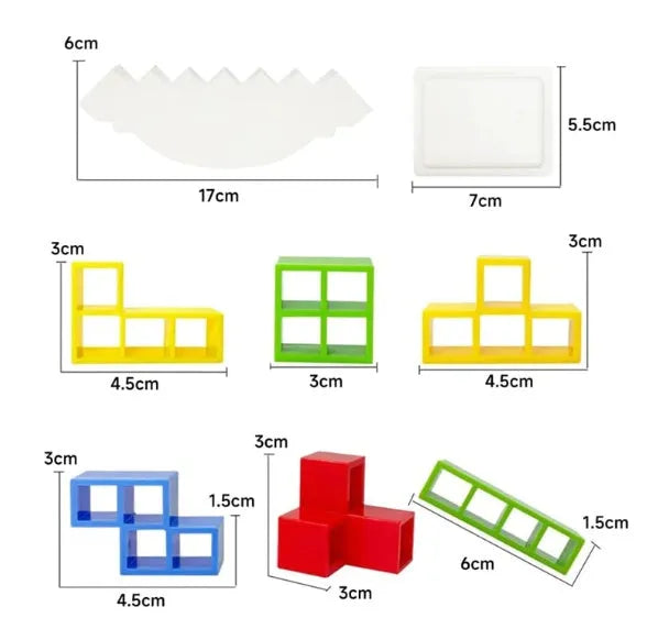 Plastic balance stacking game with 16 colourful building blocks, chassis, and base on a table.