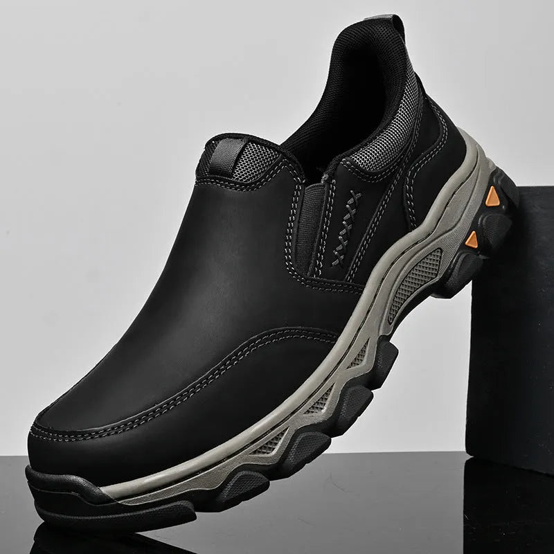 Men's round-toe casual shoes in black, dark brown and grey colours with rubber soles