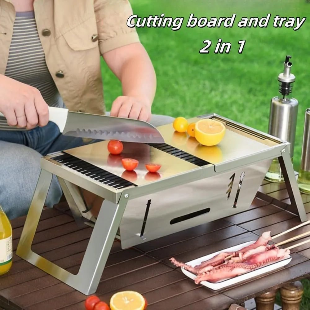 Small foldable portable charcoal grill shown open for use and folded for carrying.