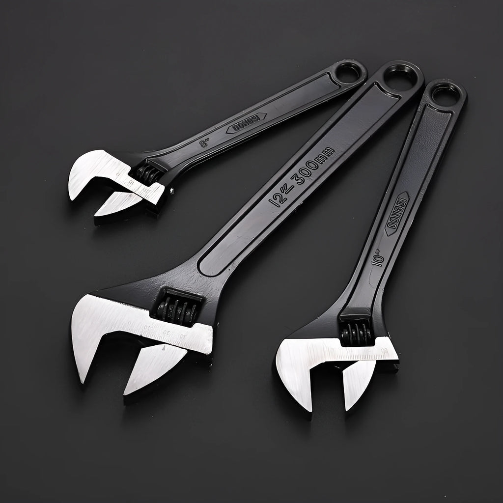 Stainless steel adjustable wrench with blackened finish showing adjustable jaw mechanism