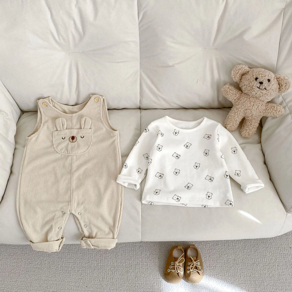 Infant clothing set with pullover shirt and suspender trousers, cotton blend, cartoon pattern, spring autumn, sizes 66-100 yards
