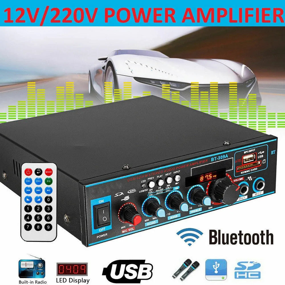 Black BT-309A-A dual-voltage amplifier with Bluetooth recording, iron chassis, front panel controls and wire clamp connections