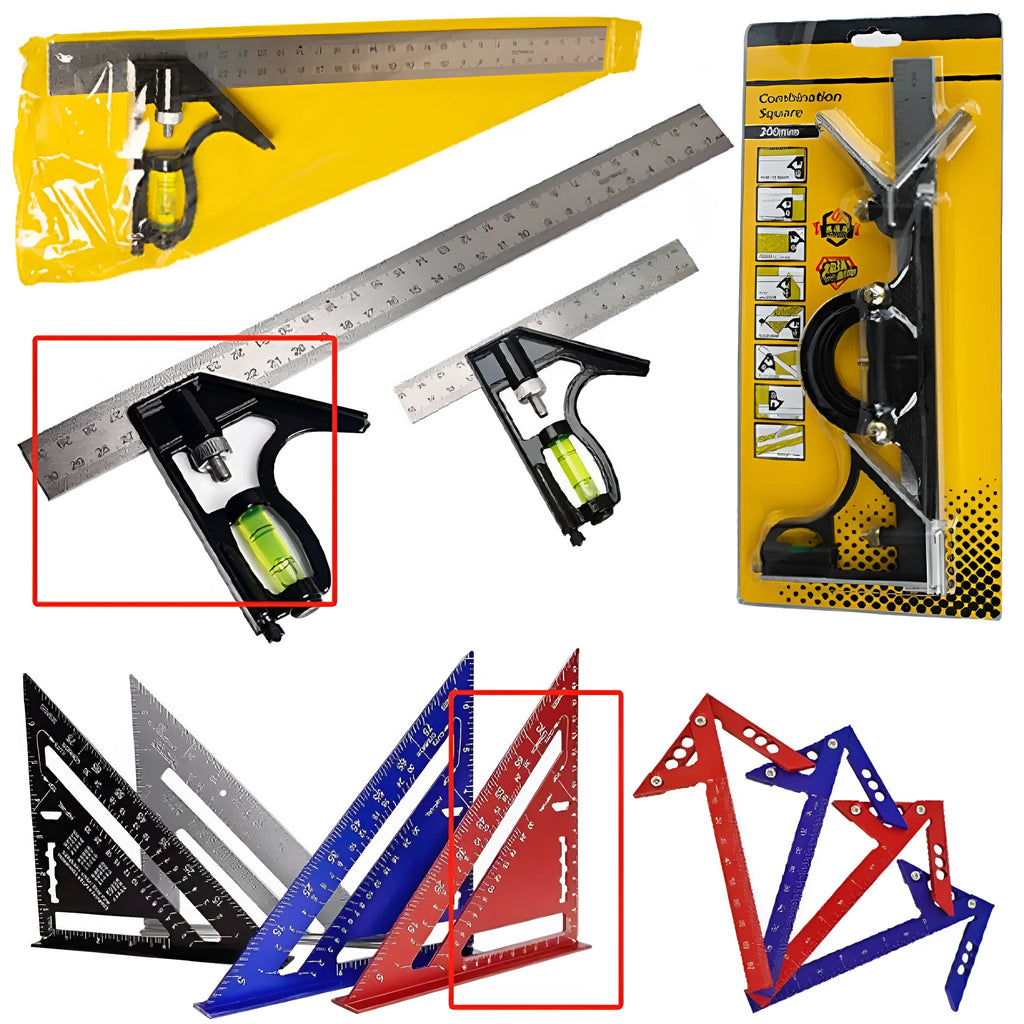 Red 7-inch metal combination angle ruler and double-sided metric base ruler set for civil surveying