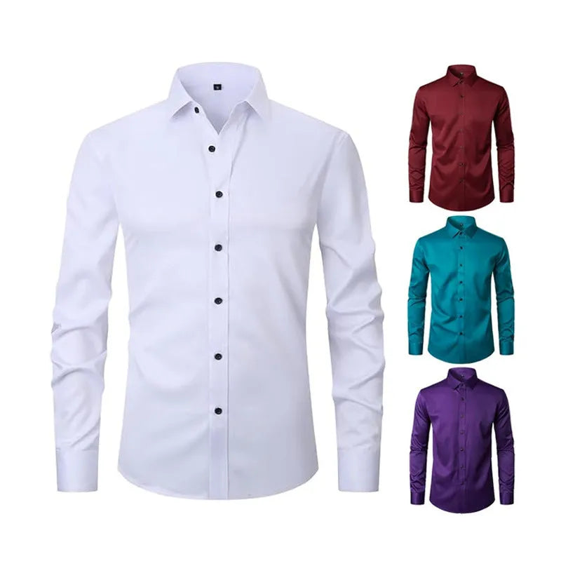 Men's stretch long sleeve work shirt in polyester fibre, showing colour options and sizing details.