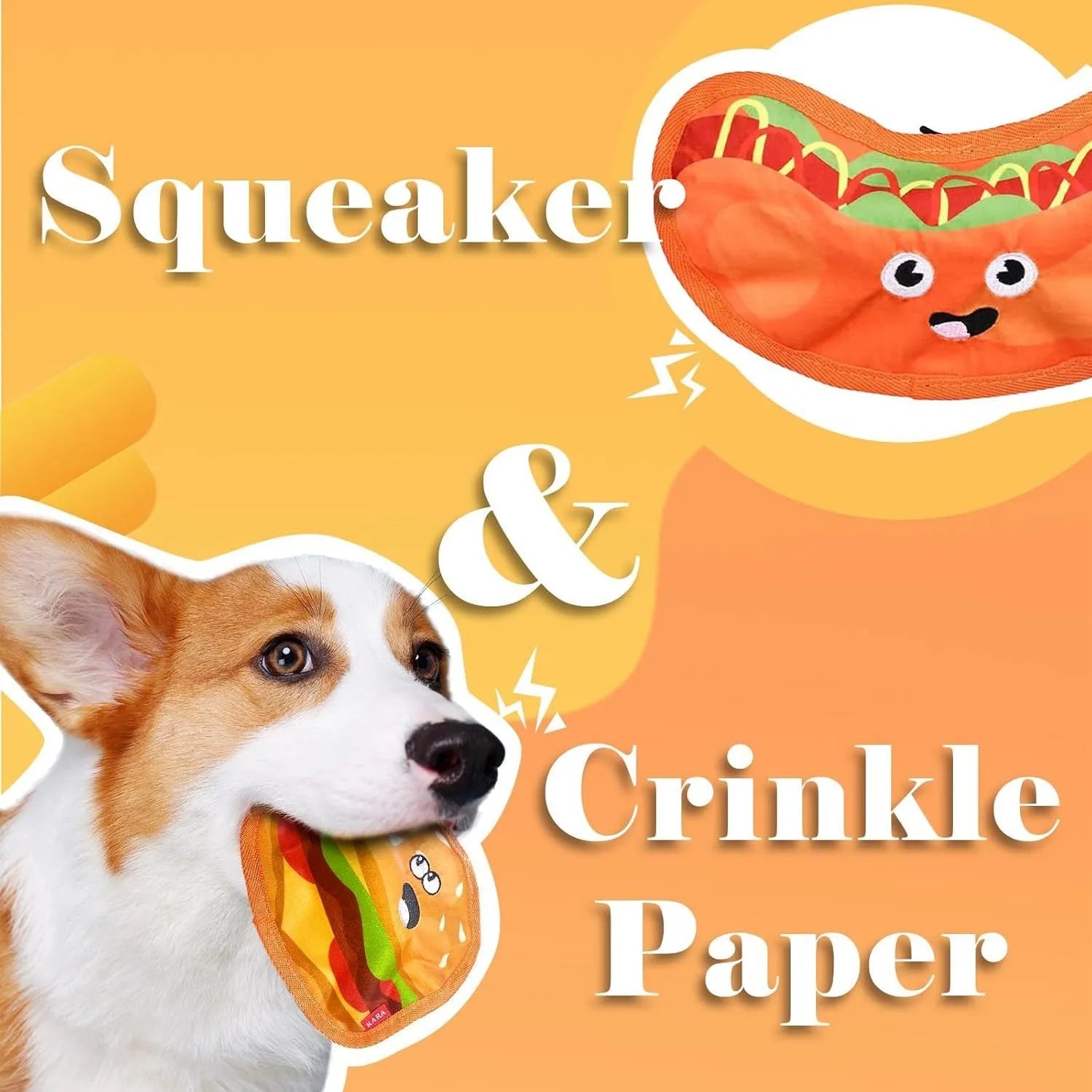 Food-shaped dog toy with crinkle and squeak features in hamburger, fries, hot dog, and pizza designs
