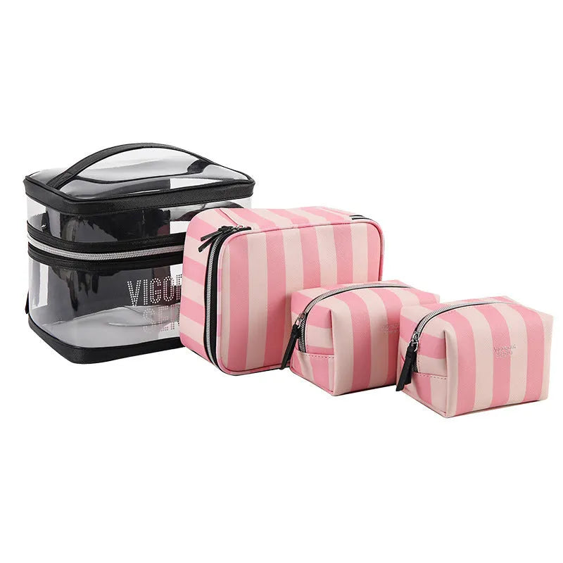 Pink bold striped floral pattern waterproof synthetic leather makeup bag with nylon lining