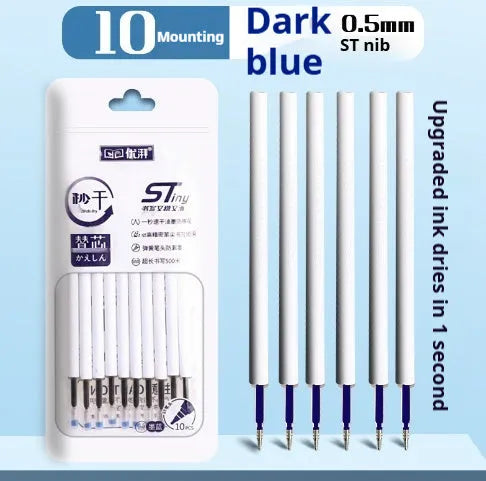 Pack of 10 quick-drying gel pen refill cartridges in black, red, blue, and ink blue with 500m writing capacity.