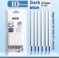Pack of 10 quick-drying gel pen refill cartridges in black, red, blue, and ink blue with 500m writing capacity.