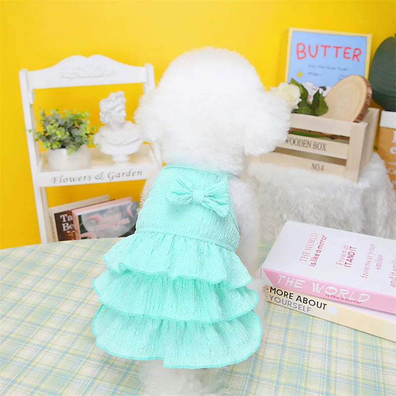 Small dog wearing princess dress with layered skirt in candy colour, suitable for teddy bichon breeds