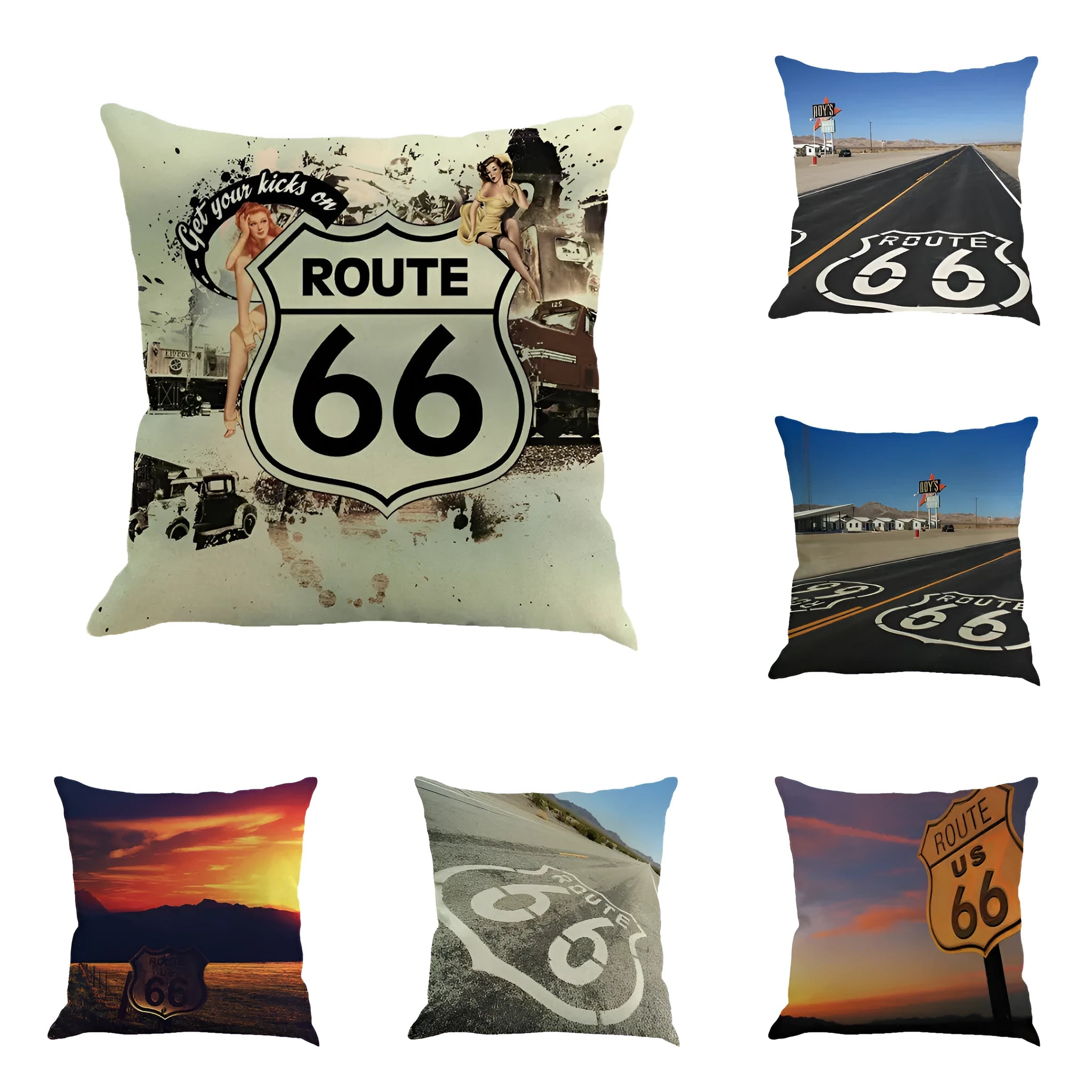Route 66 landscape printed linen blend cushion cover on a sofa, showing blue and beige colour option.